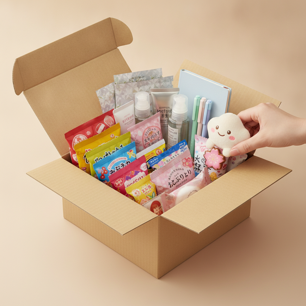 An open Nippiki box packed with a month of Japanese products, with a hand for scale